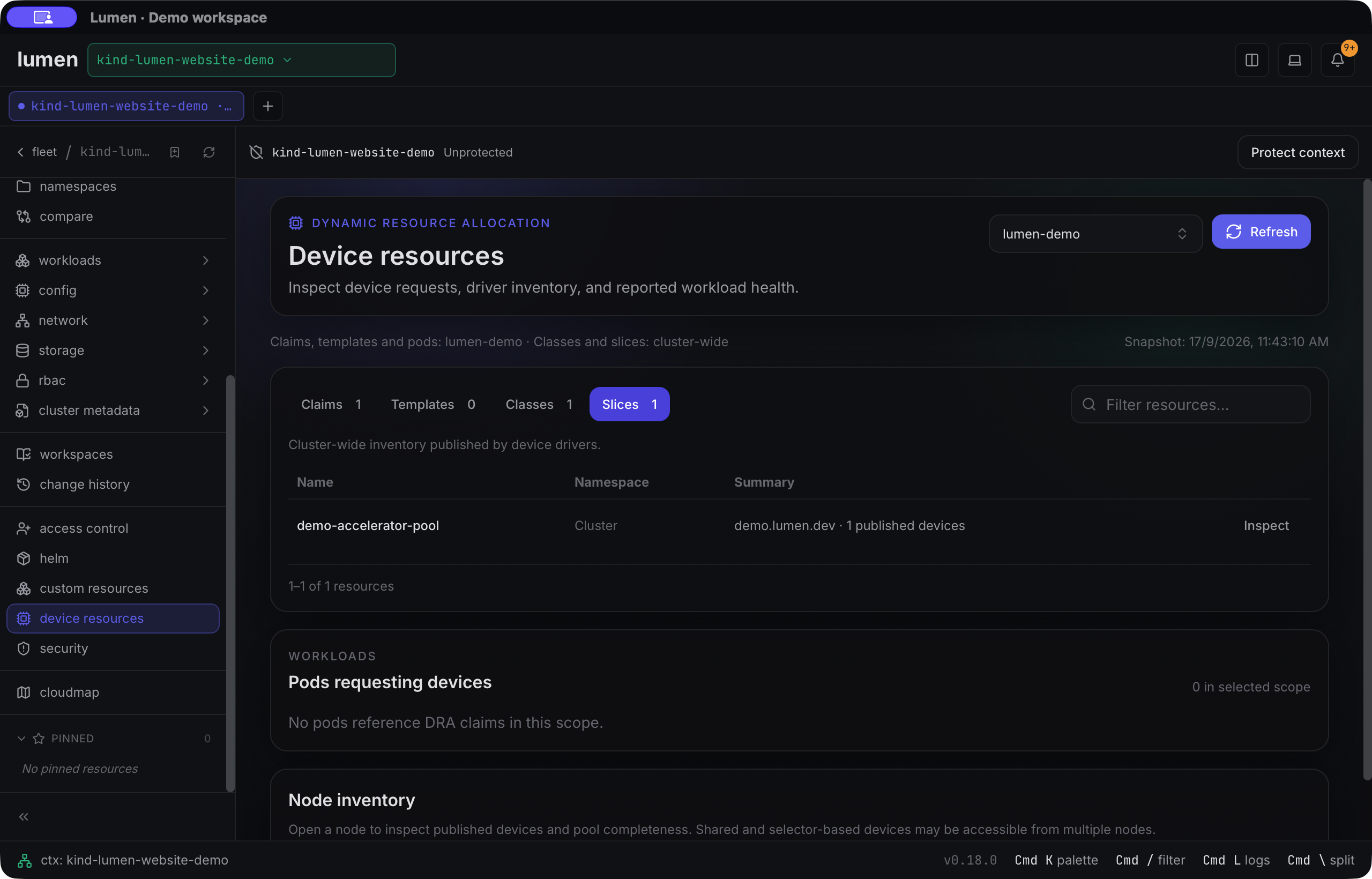 Lumen device-resource screen showing one synthetic published device slice